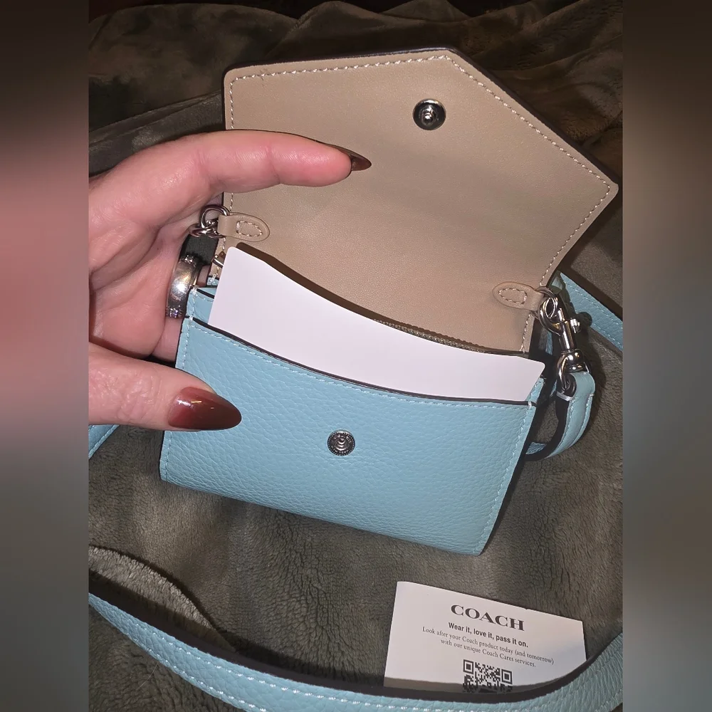 NIB Coach Light Blue Mini Envelope Wallet With Strap - Picture 5 of 7
